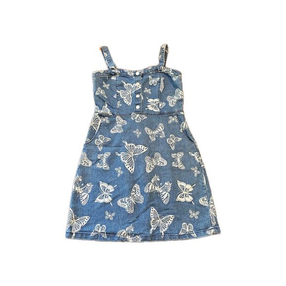 Denim Mini Dress Size L Stretch Y2K Coquette Festival Casual Butterfly Print - Picture 1 of 9